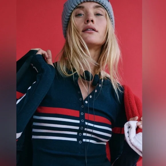 Fp movement black striped Henley Top - Picture 1 of 7